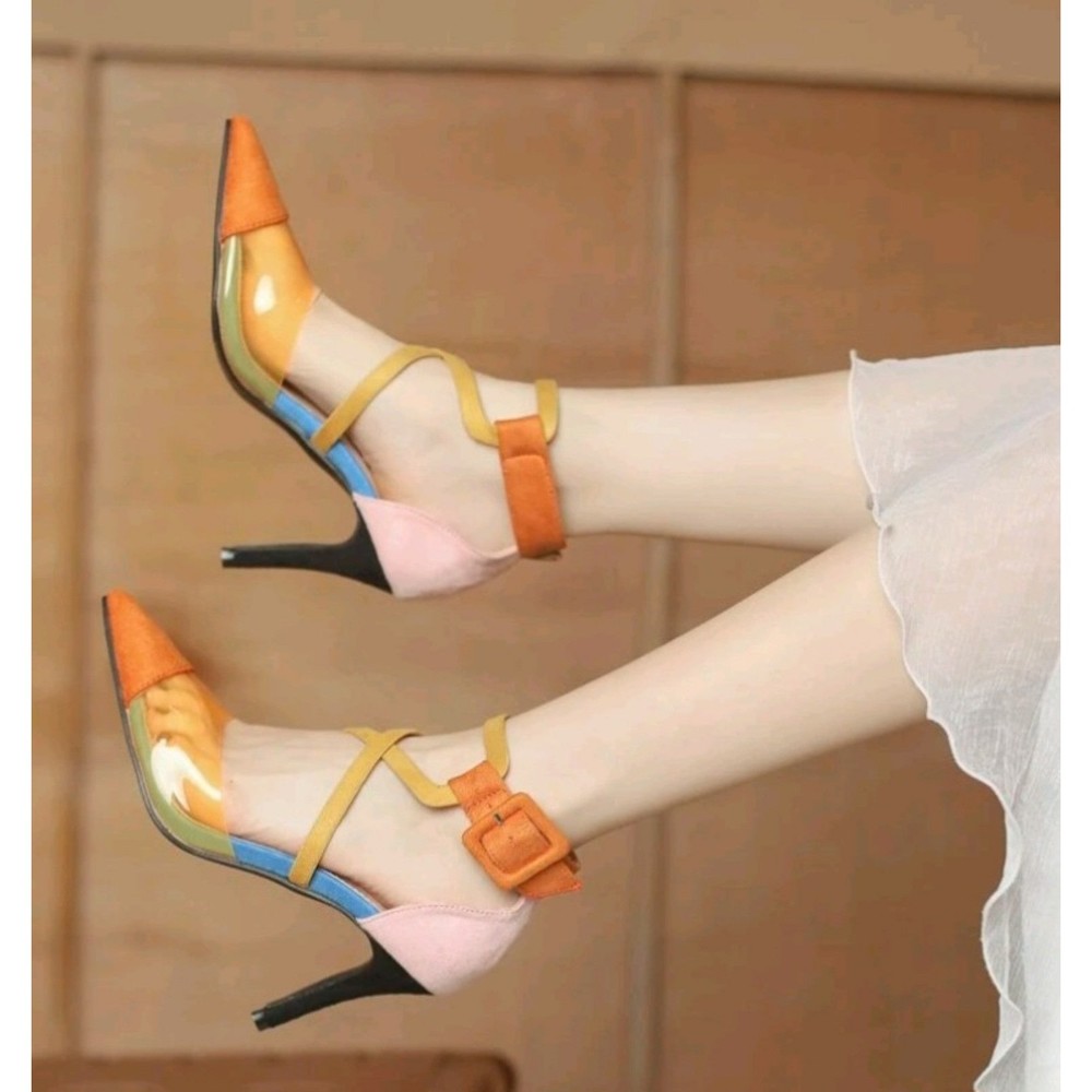 Orange Pointed Toe Mid Heels Size 5.5 36 Ankle Strap Pumps Stilettos BRANDNEW